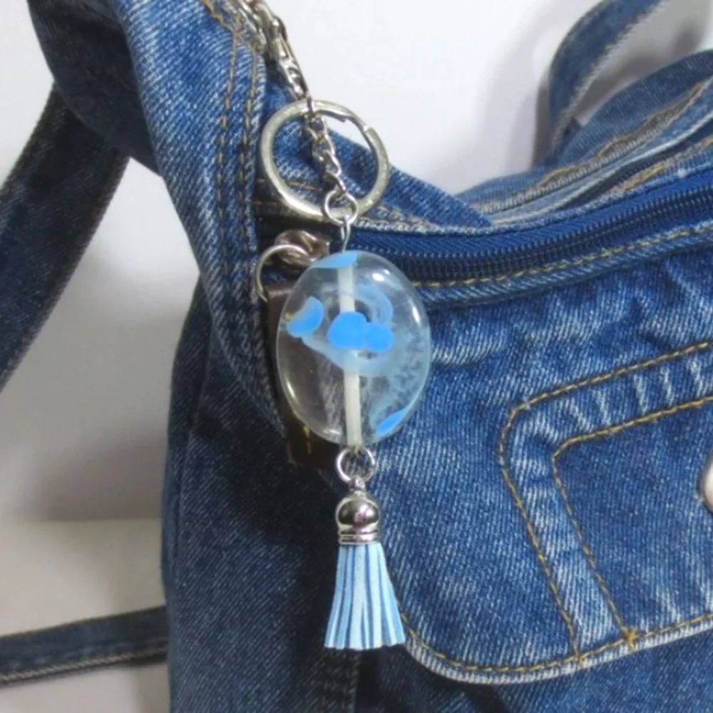 New Handcrafted Keychain Bag Charm Blue Beaded Boho Leather Tassel Swivel Clip